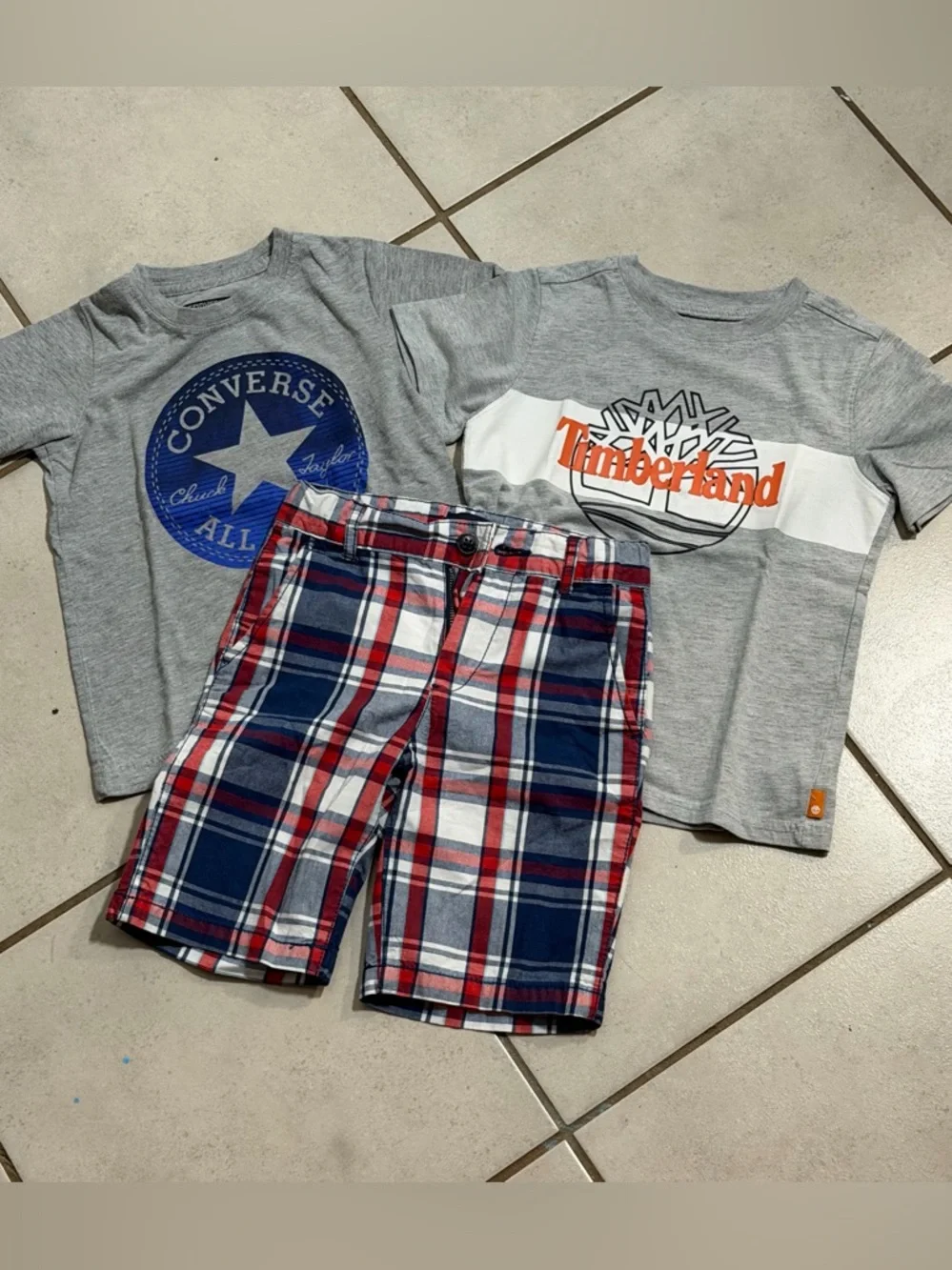 Converse, Timberland, Children’s Place Kids Boys Gray Logo Tees, Shorts size 5-6